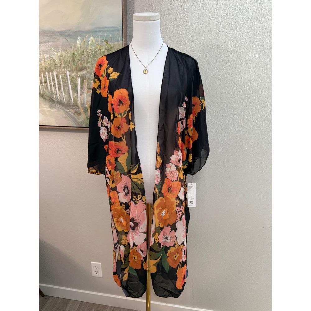 Black‎ Floral Sheer Kimono Duster Cardigan Open Front Boho Beach Cover Up NWT